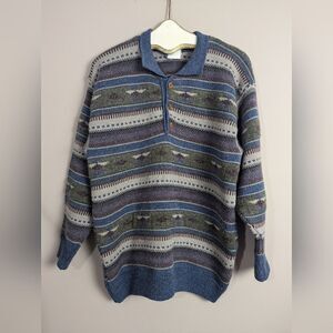 Chinook Wool blend polo sweater, aztec southwestern sweater size Large